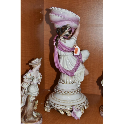 728 - THREE LATE 19TH / EARLY 20TH CENTURY CONTINENTAL PORCELAIN FIGURES, comprising a French centrepiece ... 