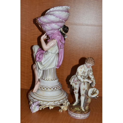 728 - THREE LATE 19TH / EARLY 20TH CENTURY CONTINENTAL PORCELAIN FIGURES, comprising a French centrepiece ... 