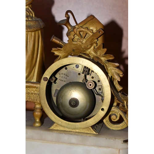 738 - A LATE 19TH CENTURY GILT METAL AND ALABASTER MANTEL CLOCK, modelled as an artist seated beside the d... 