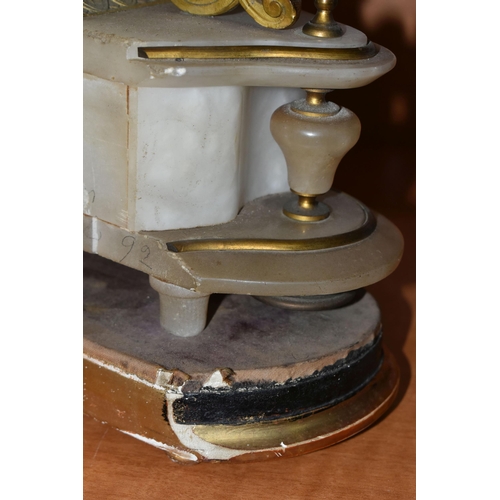 738 - A LATE 19TH CENTURY GILT METAL AND ALABASTER MANTEL CLOCK, modelled as an artist seated beside the d... 