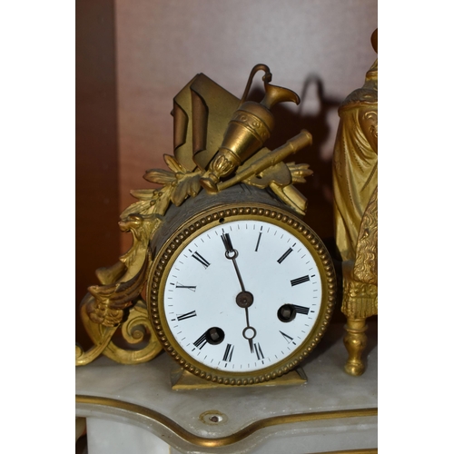 738 - A LATE 19TH CENTURY GILT METAL AND ALABASTER MANTEL CLOCK, modelled as an artist seated beside the d... 