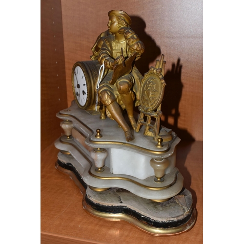 738 - A LATE 19TH CENTURY GILT METAL AND ALABASTER MANTEL CLOCK, modelled as an artist seated beside the d... 