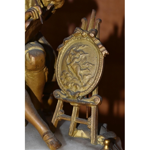 738 - A LATE 19TH CENTURY GILT METAL AND ALABASTER MANTEL CLOCK, modelled as an artist seated beside the d... 