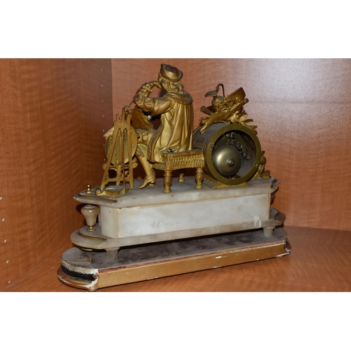 738 - A LATE 19TH CENTURY GILT METAL AND ALABASTER MANTEL CLOCK, modelled as an artist seated beside the d... 