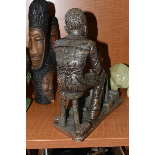 739 - A COLLECTION OF SIX AFRICAN STONE AND TREEN FIGURAL CARVINGS, comprising two sculpted as men, one a ... 