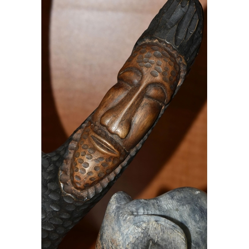 739 - A COLLECTION OF SIX AFRICAN STONE AND TREEN FIGURAL CARVINGS, comprising two sculpted as men, one a ... 