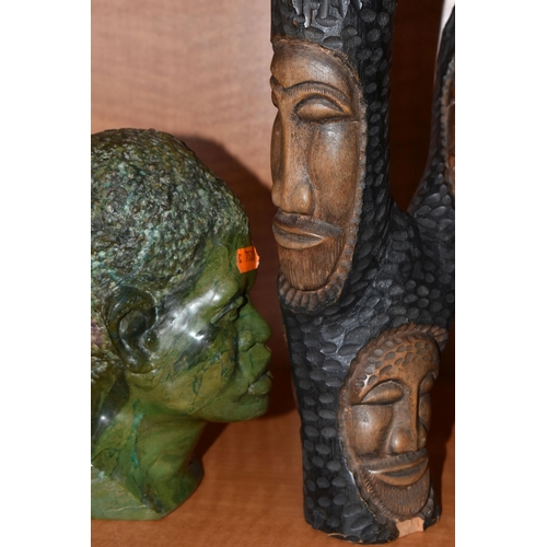 739 - A COLLECTION OF SIX AFRICAN STONE AND TREEN FIGURAL CARVINGS, comprising two sculpted as men, one a ... 