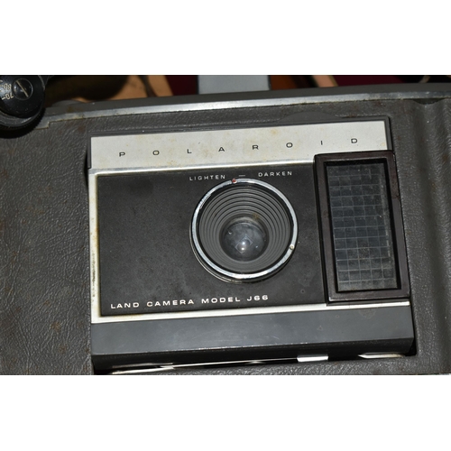 741 - A CASED POLAROID LAND CAMERA MODEL J66 AND A BOX OF ASSORTED CAMERAS AND BINOCULARS, including a pai... 