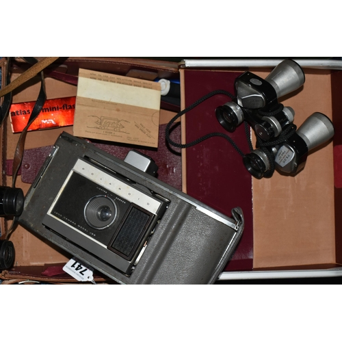 741 - A CASED POLAROID LAND CAMERA MODEL J66 AND A BOX OF ASSORTED CAMERAS AND BINOCULARS, including a pai... 