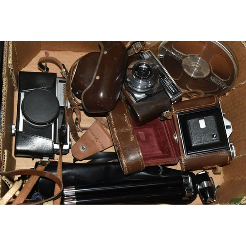 741 - A CASED POLAROID LAND CAMERA MODEL J66 AND A BOX OF ASSORTED CAMERAS AND BINOCULARS, including a pai... 