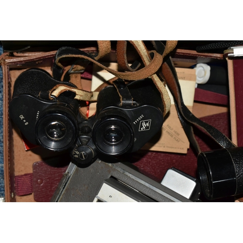 741 - A CASED POLAROID LAND CAMERA MODEL J66 AND A BOX OF ASSORTED CAMERAS AND BINOCULARS, including a pai... 