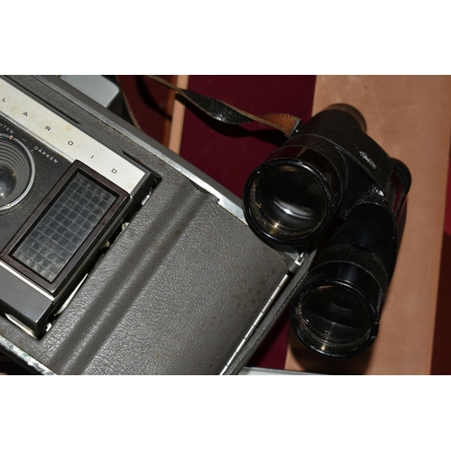 741 - A CASED POLAROID LAND CAMERA MODEL J66 AND A BOX OF ASSORTED CAMERAS AND BINOCULARS, including a pai... 