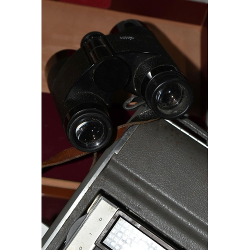 741 - A CASED POLAROID LAND CAMERA MODEL J66 AND A BOX OF ASSORTED CAMERAS AND BINOCULARS, including a pai... 