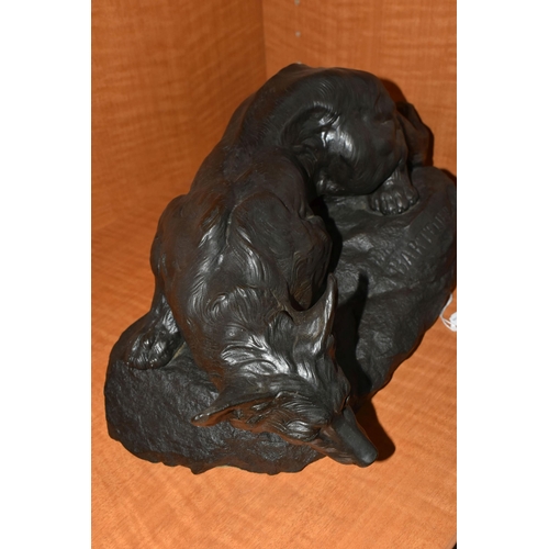 747 - A BRONZED RESIN SCULPTURE OF A CROUCHING FOX, AFTER BARTELIER, cast on a naturalistic base, height 1... 