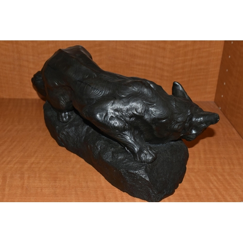 747 - A BRONZED RESIN SCULPTURE OF A CROUCHING FOX, AFTER BARTELIER, cast on a naturalistic base, height 1... 