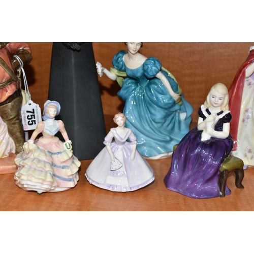 755 - A GROUP OF SIX ROYAL DOULTON FIGURES, comprising Falstaff HN2054, Contemplation HN2241, Rhapsody HN2... 