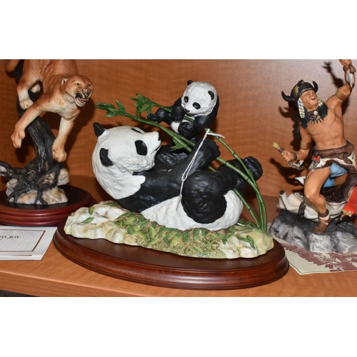 761 - FIVE FRANKLIN MINT FIGURES, comprising 'Spirit of the Sioux', with paperwork, 'Pride & Joy' (pandas)... 