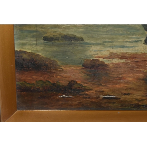 574 - TWO UNSIGNED EARLY 20TH CENTURY COASTAL LANDSCAPES, the first depicts three figures on a beach with ... 