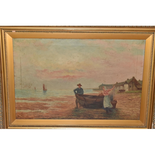 574 - TWO UNSIGNED EARLY 20TH CENTURY COASTAL LANDSCAPES, the first depicts three figures on a beach with ... 