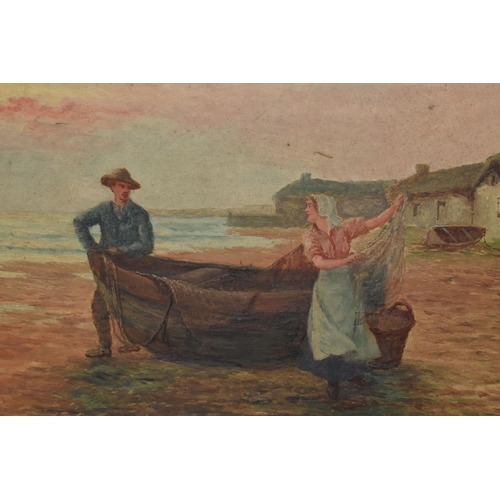 574 - TWO UNSIGNED EARLY 20TH CENTURY COASTAL LANDSCAPES, the first depicts three figures on a beach with ... 