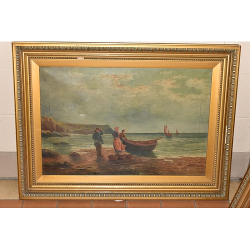 574 - TWO UNSIGNED EARLY 20TH CENTURY COASTAL LANDSCAPES, the first depicts three figures on a beach with ... 