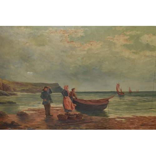 574 - TWO UNSIGNED EARLY 20TH CENTURY COASTAL LANDSCAPES, the first depicts three figures on a beach with ... 