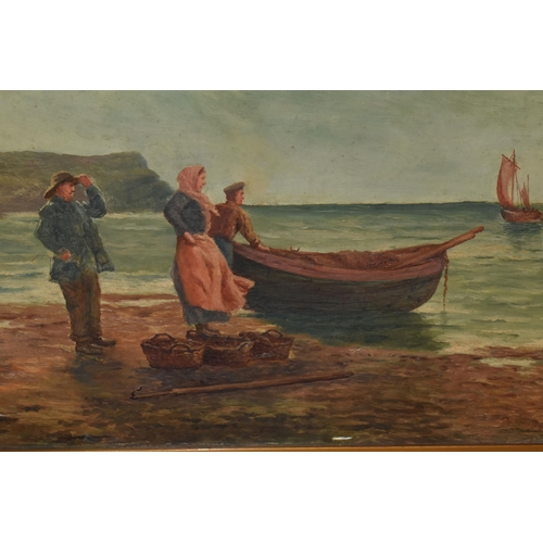 574 - TWO UNSIGNED EARLY 20TH CENTURY COASTAL LANDSCAPES, the first depicts three figures on a beach with ... 