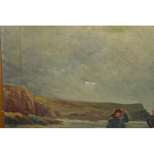 574 - TWO UNSIGNED EARLY 20TH CENTURY COASTAL LANDSCAPES, the first depicts three figures on a beach with ... 