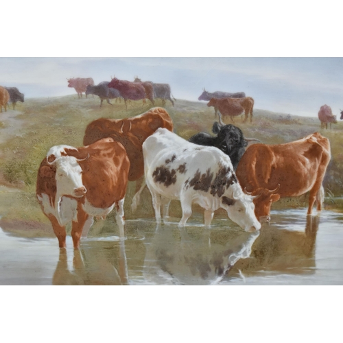 778 - A LATE 19TH CENTURY GILT FRAMED PORCELAIN PLAQUE PAINTED WITH CATTLE WATERING, unsigned and unmarked... 