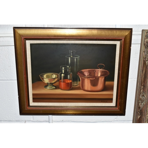 784 - TWO MODERN STILL LIFE STUDIES, the first in the style of Andras Gombar depicts a copper mixing bowl,... 