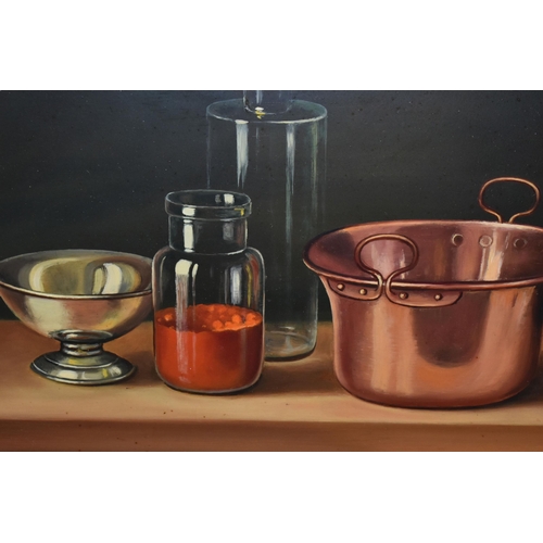 784 - TWO MODERN STILL LIFE STUDIES, the first in the style of Andras Gombar depicts a copper mixing bowl,... 