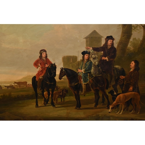 796 - MANNER OF AELBERT CUYP 'LANDSCAPE WITH HUNTING PARTY', Dutch landscape with three men on horseback, ... 