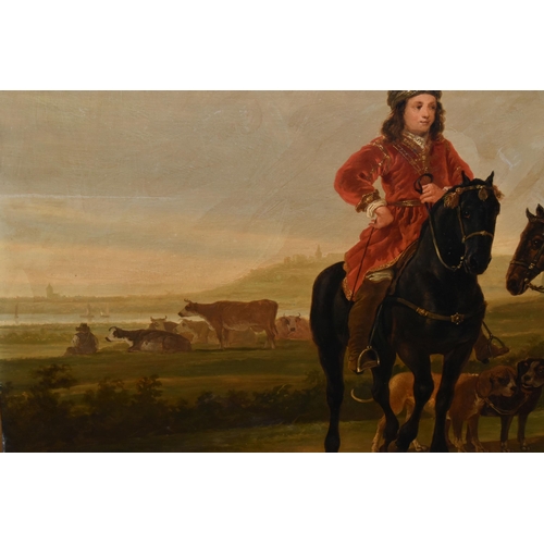 796 - MANNER OF AELBERT CUYP 'LANDSCAPE WITH HUNTING PARTY', Dutch landscape with three men on horseback, ... 