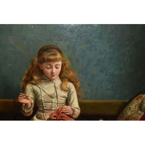 797 - GEORGE GOODWIN KILBURN (1839-1934) 'A STITCH IN TIME', a young seated female figure is mending her d... 