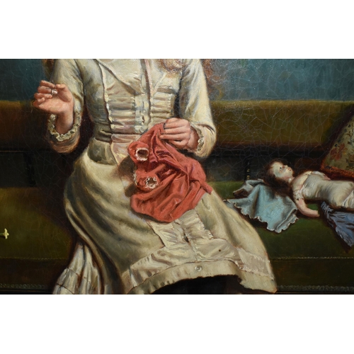 797 - GEORGE GOODWIN KILBURN (1839-1934) 'A STITCH IN TIME', a young seated female figure is mending her d... 