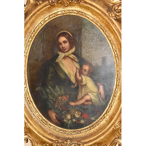 801 - A 19TH CENTURY ENGLISH SCHOOL PORTRAIT OF MOTHER AND CHILD, the mother is depicted as a flower selle... 