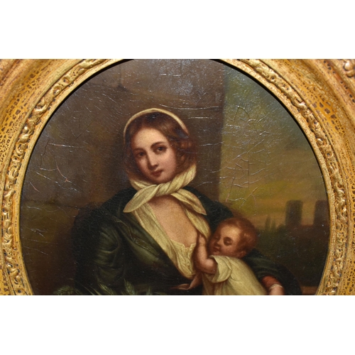 801 - A 19TH CENTURY ENGLISH SCHOOL PORTRAIT OF MOTHER AND CHILD, the mother is depicted as a flower selle... 