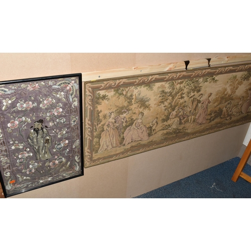 804 - 19th / 20th CENTURY NEEDLEWORK PICTURES, comprising a Chinese embroidered silk panel depicting a mal... 