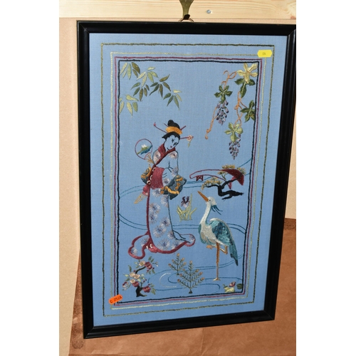 804 - 19th / 20th CENTURY NEEDLEWORK PICTURES, comprising a Chinese embroidered silk panel depicting a mal... 