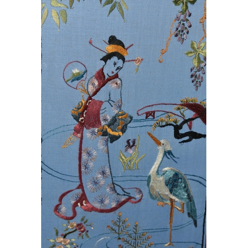 804 - 19th / 20th CENTURY NEEDLEWORK PICTURES, comprising a Chinese embroidered silk panel depicting a mal... 