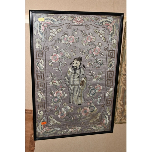 804 - 19th / 20th CENTURY NEEDLEWORK PICTURES, comprising a Chinese embroidered silk panel depicting a mal... 