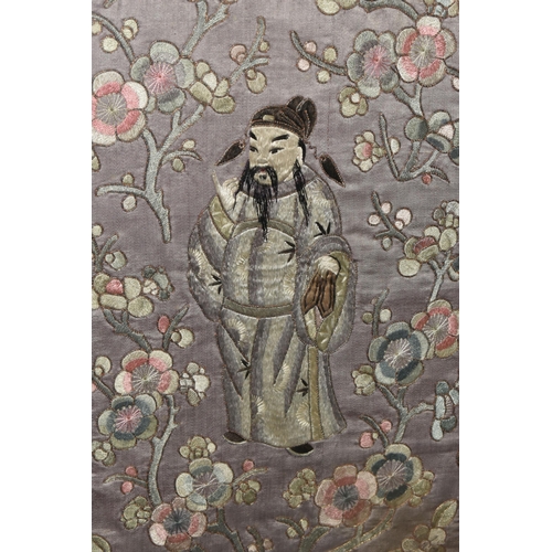 804 - 19th / 20th CENTURY NEEDLEWORK PICTURES, comprising a Chinese embroidered silk panel depicting a mal... 