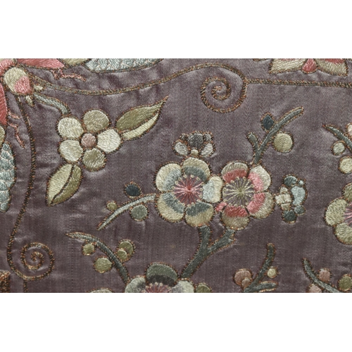 804 - 19th / 20th CENTURY NEEDLEWORK PICTURES, comprising a Chinese embroidered silk panel depicting a mal... 