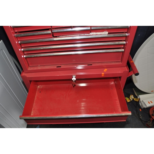 1062 - A TWO PIECE MECHANICS TOOLCHEST width 68cm total height 113cm with two pairs of keys