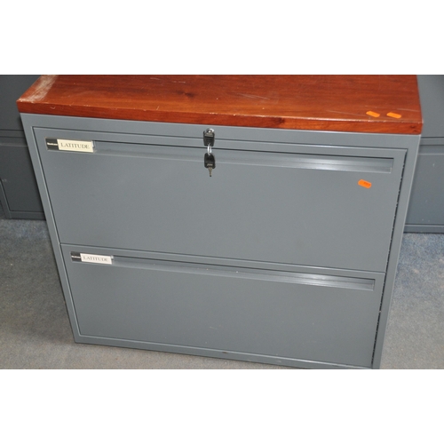 1071 - THREE 'STEELCASE LATTITUDE' METAL OFFICE FILE DRAWERS with two drawers to each, a Cherrywood veneere... 