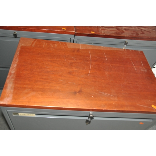 1071 - THREE 'STEELCASE LATTITUDE' METAL OFFICE FILE DRAWERS with two drawers to each, a Cherrywood veneere... 