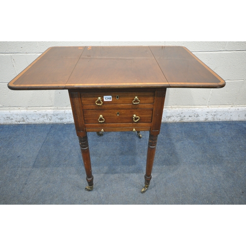 1248 - AN EDWARDIAN MAHOGANY AND CROSSBANDED DROP LEAF WORK TABLE, with two drawers, and slide, open width ... 