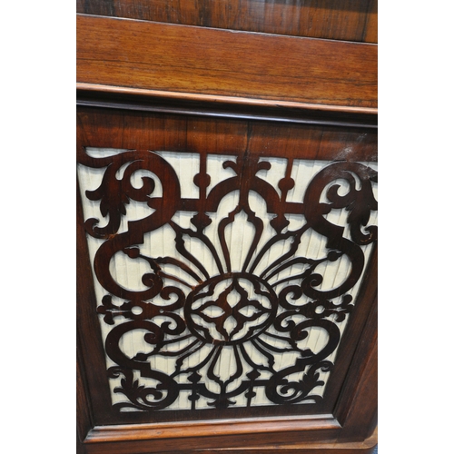 1249 - A VICTORIAN ROSEWOOD MARBLE TOP TWO DOOR SIDEBOARD, with open fretwork panel doors, width 130cm x de... 