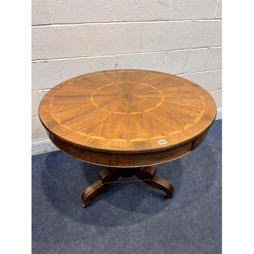 1412 - A 19TH CENTURY ROSEWOOD AND PARQUETRY INLAID CIRCULAR REVOLVING DRUM TABLE, central starburst, with ... 