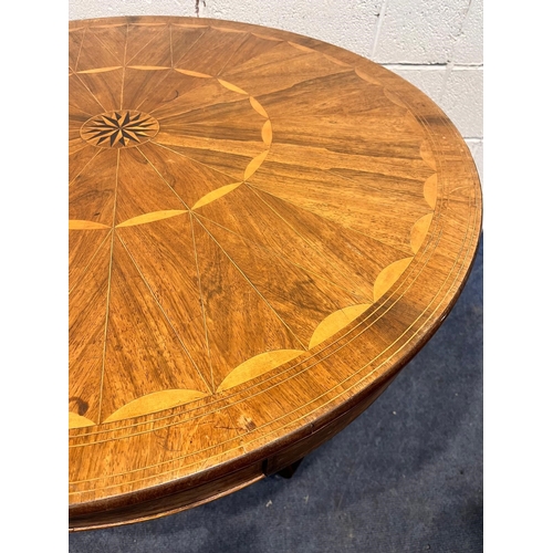 1412 - A 19TH CENTURY ROSEWOOD AND PARQUETRY INLAID CIRCULAR REVOLVING DRUM TABLE, central starburst, with ... 